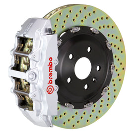 Brembo 20+ Corvette C8 front GT BBK brake kit with silver 6-piston cast 380x34 drilled two-piece rotors for high-performance stopping.