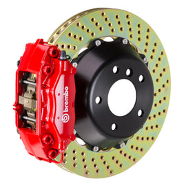 Brembo 22+ GT86 rear brake kit with 4-piston cast rotor, drilled and red, performance slot brake rotor for enhanced braking.