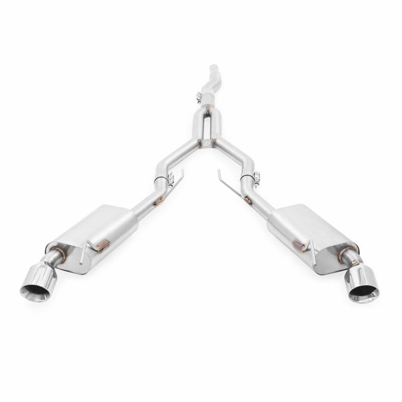Mishimoto stainless steel cat-back exhaust for 2015-2016 Ford Mustang 2.3L EcoBoost, showing polished pipes and muffler system.