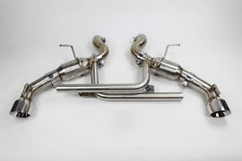 Mishimoto Chevrolet Camaro SS 2016+ dual-tip axle back exhaust with polished tips, showcasing the exhaust system and polished finish.