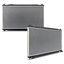Mishimoto 16-24 Infiniti Q50/Q60 3.0T replacement radiator, aluminum core with hoses and fittings visible.