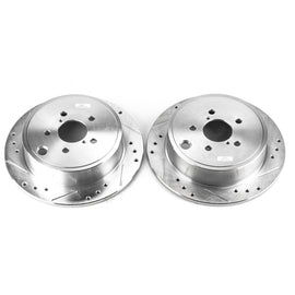 PowerStop rear drilled and slotted brake rotors for 2013-2016 Subaru BRZ, pair of high-performance brake rotors with slots and holes.