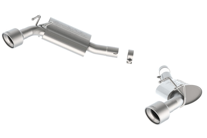 Borla axle back exhaust system for 2010 Camaro 6.2L V8, rear section with polished tips and dual exhaust pipes.