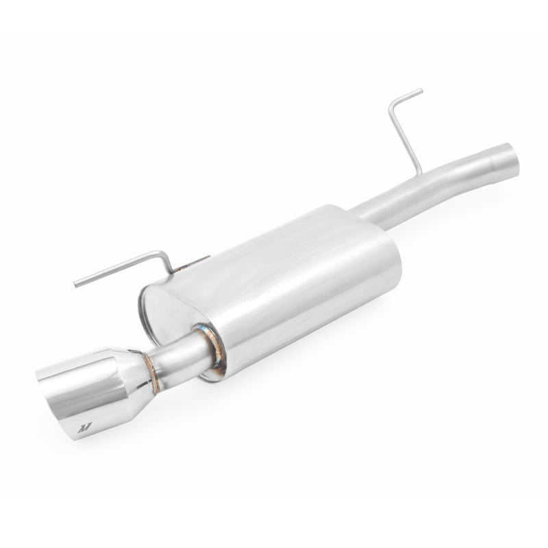 Mishimoto stainless steel cat-back exhaust for 2015-2016 Ford Mustang 2.3L EcoBoost, showing the polished pipes and muffler.