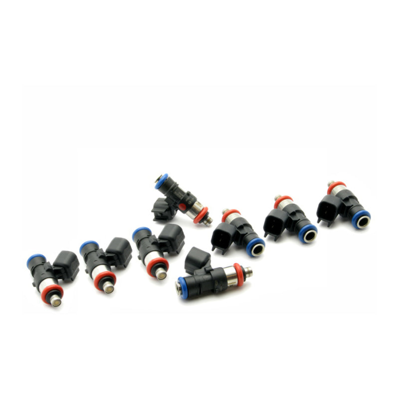 Set of eight DeatschWerks Bosch EV14 40mm compact 90lb/hr fuel injectors for 8-cylinder engines, shown in the image.