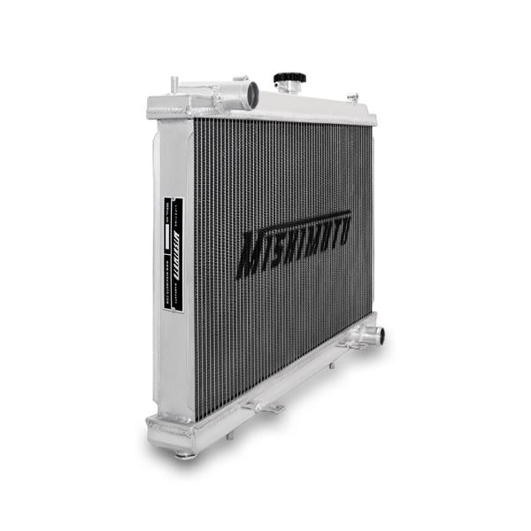 Mishimoto aluminum radiator for Nissan 240sx S14 SR20DET, showing the sleek, lightweight design and cooling fins.