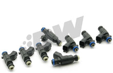 Load image into Gallery viewer, DeatschWerks LS2/5.7L &amp; 6.1L HEMI 42lb fuel injector set for 8-cylinder engines, shown in close-up with blue connectors