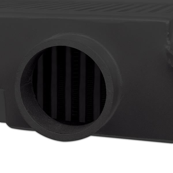 Mishimoto Subaru WRX STi 2008-2015 top-mount intercooler kit with black powder-coated intercooler and black hoses installed.