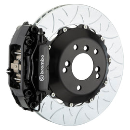 Brembo 22+ GT86 rear performance brake kit with black 4-piston cast 345x28 slotted two-piece rotor for enhanced braking.