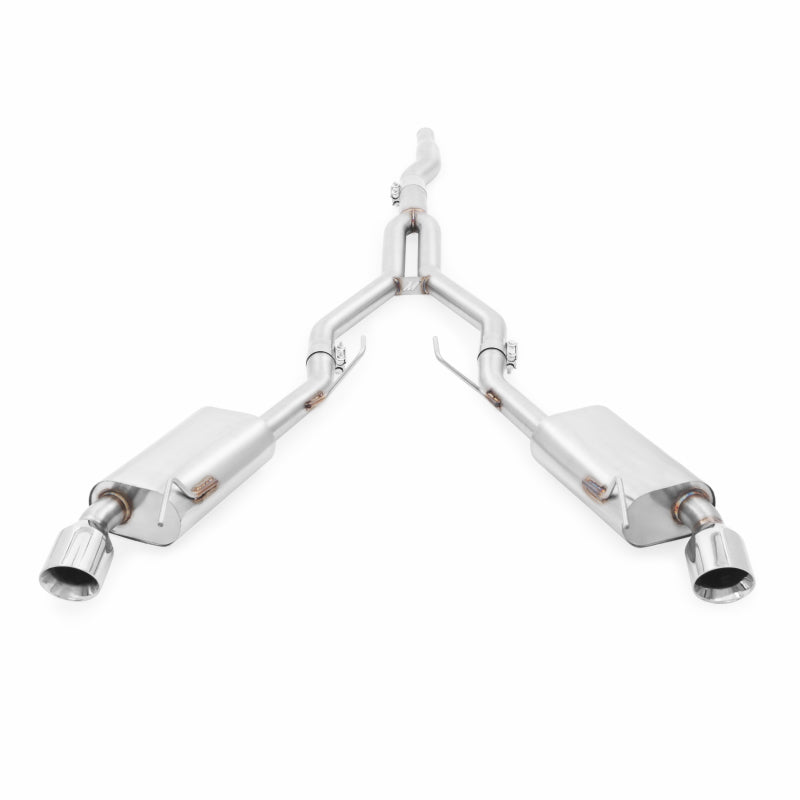 Mishimoto stainless steel cat-back exhaust system for 2015-2016 Ford Mustang 2.3L EcoBoost, showcasing the polished pipes and muffler.