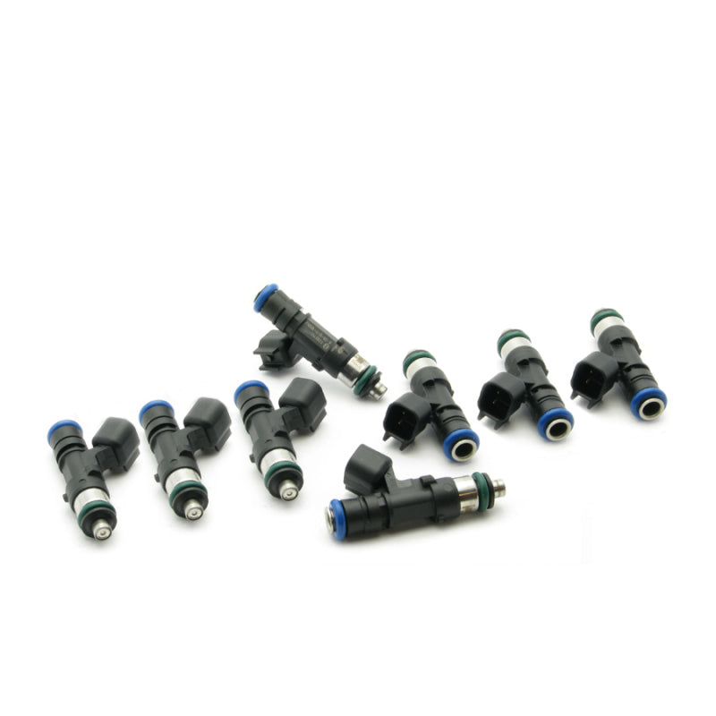 DeatschWerks 60lb fuel injector set for LS2, 5.7L, 6.1L HEMI V8 engines, showing eight high-performance injectors.