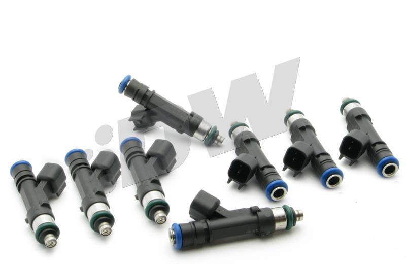 DeatschWerks LS1/LS6 Series 78lb fuel injector set for 4.6L and 5.0L V8 Mustang engines, showing eight high-performance injectors.