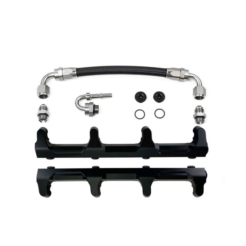 DeatschWerks Chevrolet LSA/LS9 fuel rails with crossover, black metal finish, mounted on a performance engine intake manifold