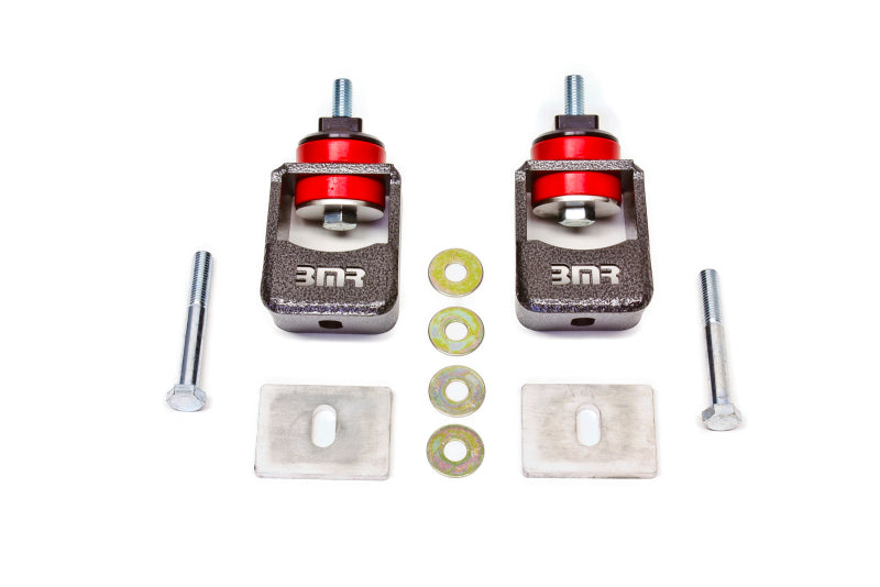 Black Hammertone BMR 10-15 5th Gen Camaro polyurethane engine mount kit with spacers not included, designed for performance and durability.