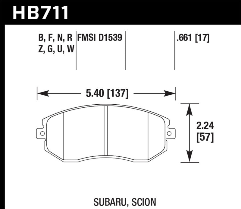 Hawk Performance racing front brake pads for Subaru BRZ, Legacy 2.5i, and Scion FR-S, designed for high-performance street braking.