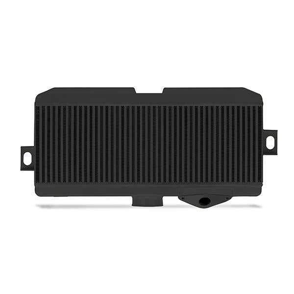 Mishimoto black powder-coated top-mount intercooler kit with black hoses installed on a Subaru 08-15 WRX STi engine bay