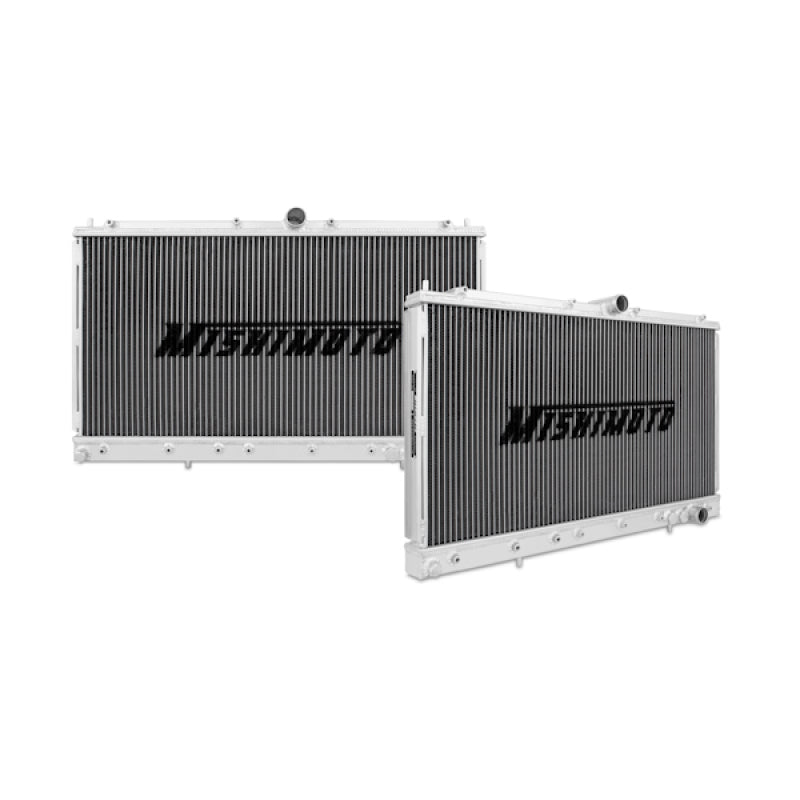 Mishimoto aluminum radiator for 1991-1999 Mitsubishi 3000GT Turbo, showing the sleek, durable design and cooling fins.