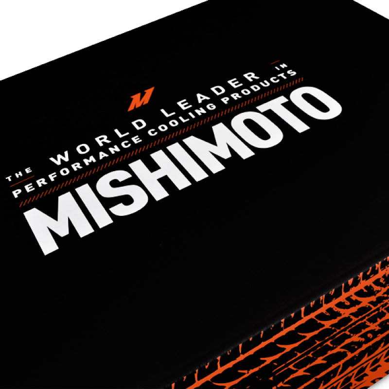 Mishimoto aluminum radiator for 2001-2007 Subaru WRX and STi, showing the sleek, lightweight construction with cooling fins and inlet/outlet ports.
