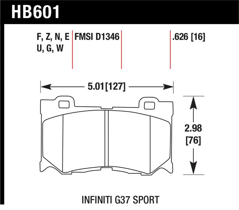 Hawk Performance racing front brake pads for Infiniti FX50, Nissan 370Z, and G37, designed for high-performance braking.
