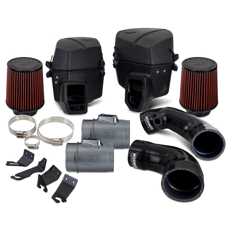 Mishimoto 2023+ Nissan Z cold air intake with modular rotomold design, featuring hoses, filters, and intake components on engine bay.