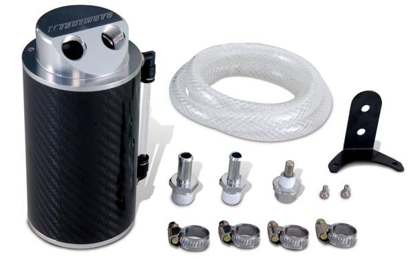 Mishimoto oil catch can kit for Nissan 350Z and Infiniti G35 VQ35DE, showing the baffled catch can with hoses and fittings.