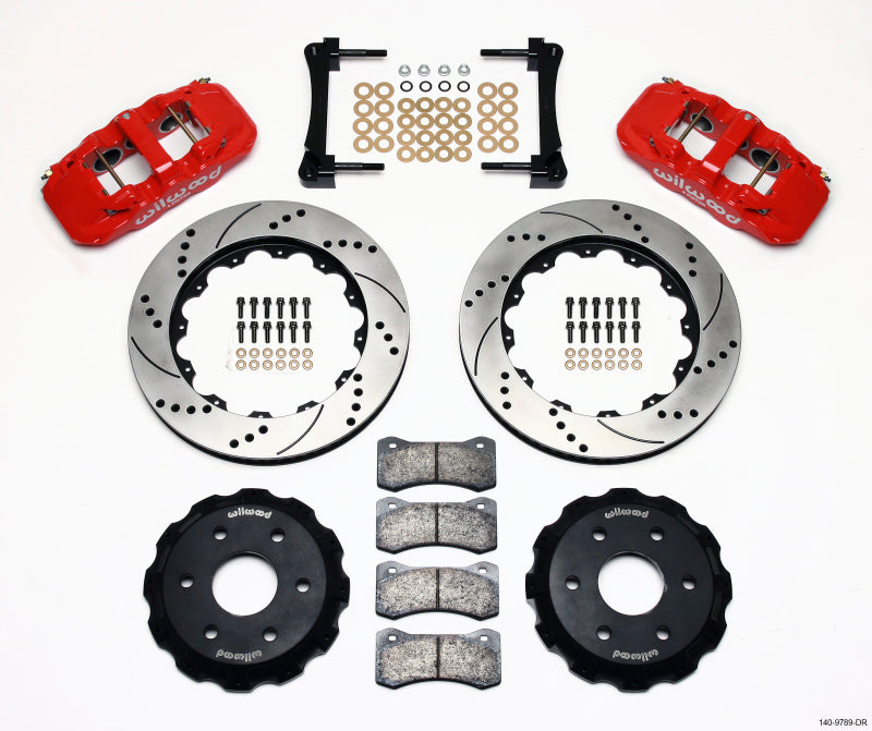 Wilwood AERO6 front truck big brake kit with 14.25-inch drilled red rotors for 1999-2014 GM 1500 trucks and SUVs.