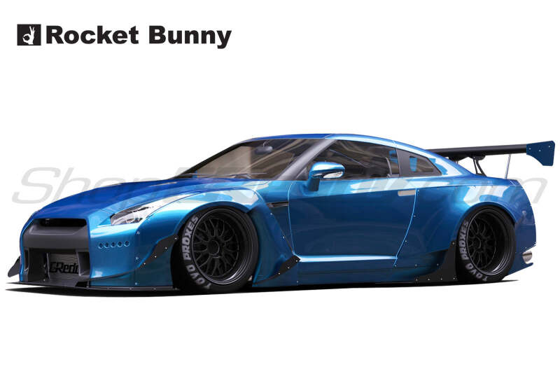 GReddy full Rocket Bunny wide-body aero kit with wing installed on Nissan GT-R R35, showcasing aggressive styling and aerodynamic design.