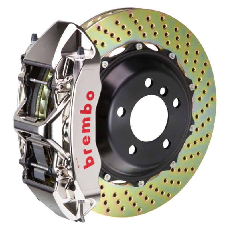 Brembo Corvette C8 rear brake kit with 6-piston billet 380x32 drilled nickel-plated rotors, performance slot design, and high-performance calipers.