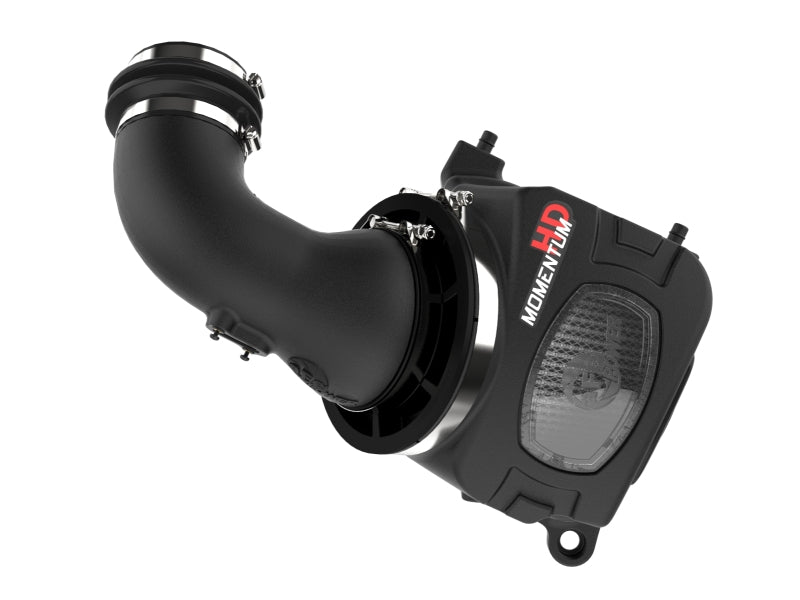 aFe Momentum HD Cold Air Intake System with Pro DRY S Filter installed in a GM truck or SUV, showcasing the intake tube and filter.