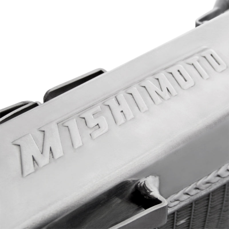 Mishimoto aluminum radiator for 2008+ Mitsubishi Lancer Evo X and Ralliart manual models, featuring a sleek silver finish.