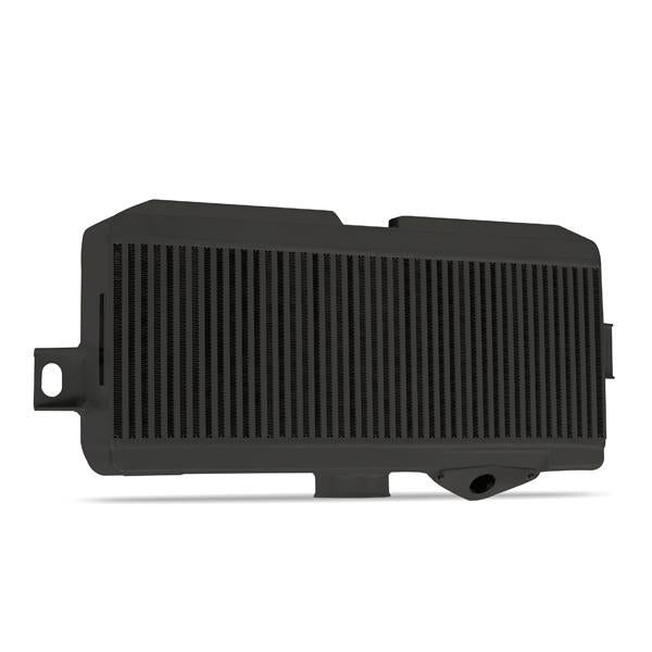 Mishimoto black powder-coated top-mount intercooler kit with black hoses for Subaru 08-15 WRX STI, showing the intercooler and hose connections.