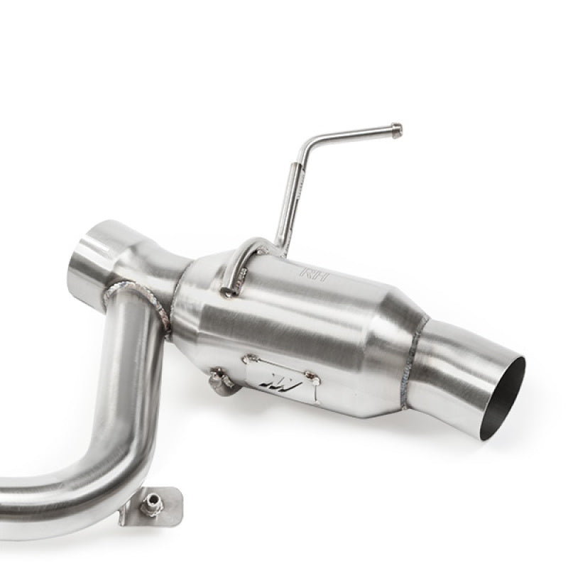 Mishimoto Chevrolet Camaro SS 2016+ quad-tip Pro axle-back exhaust with polished tips, showing the polished stainless steel tips and exhaust pipes.