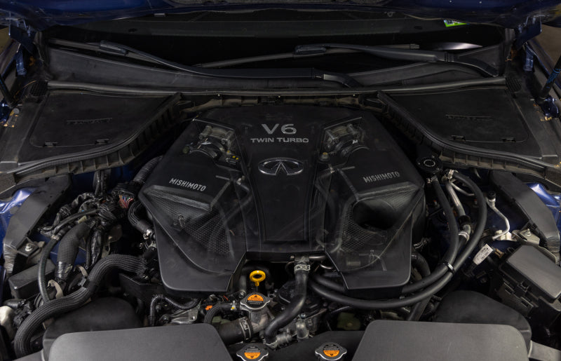Mishimoto intercooler kit for 2016+ Infiniti Q50/60 3.0T with aluminum intercooler core and silicone hoses, installed in engine bay