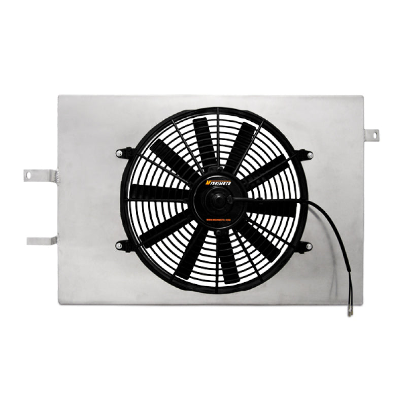 Mishimoto aluminum fan shroud kit for 1994-1996 Ford Mustang, showing the shroud and mounting hardware for engine cooling.
