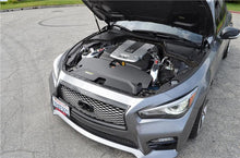Load image into Gallery viewer, Injen 14 Infiniti Q50 3.7L V6 polished dual short ram intake with heat shields and MR Techn, installed in engine bay.