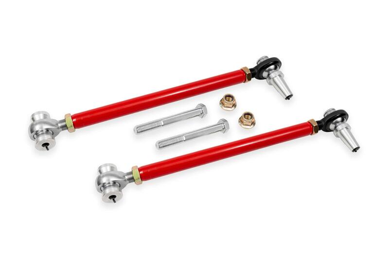 Red BMR Chevrolet Camaro double adjustable front lower control arms with rod ends for enhanced suspension performance.