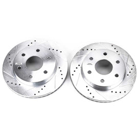 Pair of PowerStop front drilled and slotted brake rotors for Cadillac Escalade 2002-2006, showing the ventilated, textured surface.