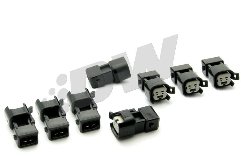 DeatschWerks LS1/LS6 series 50lb fuel injector set for 4.6L and 5.0L V8 Mustang, showing eight high-performance injectors.