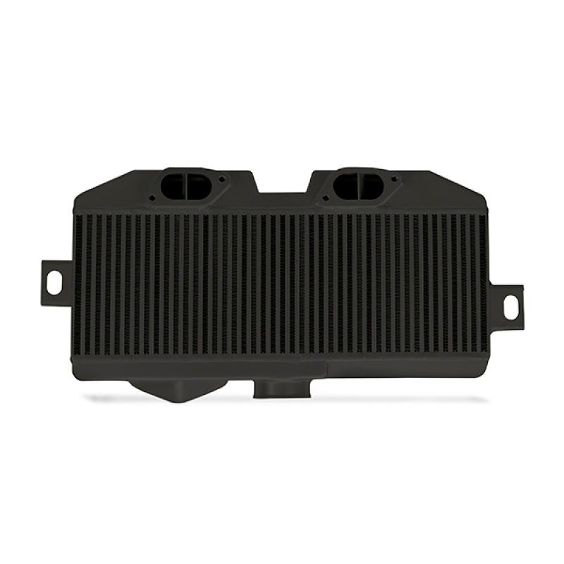 Mishimoto Subaru 08-15 WRX STi top-mount intercooler kit with black powder-coated finish and black hoses installed on vehicle