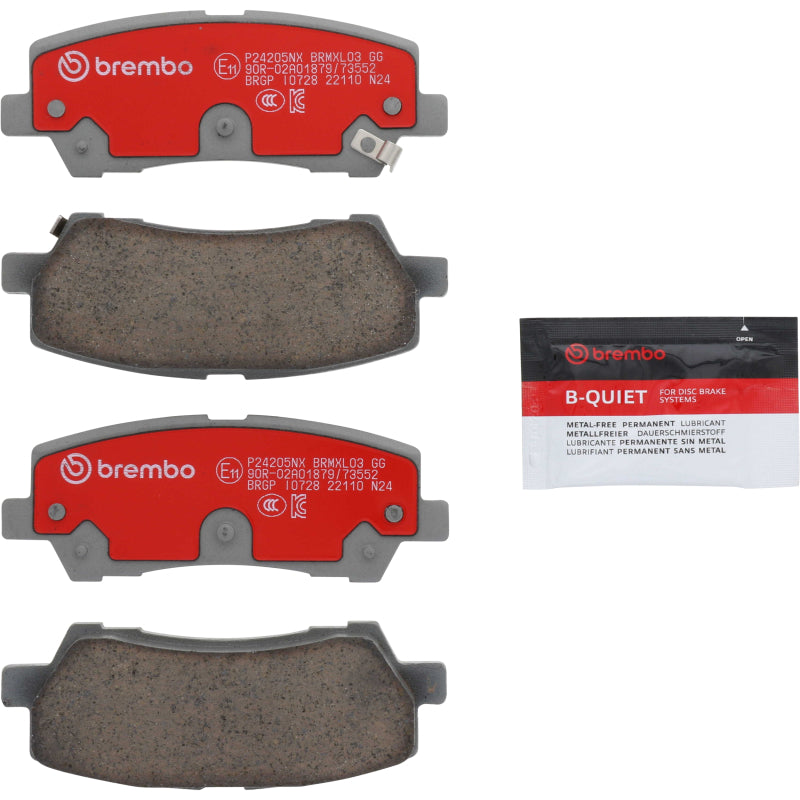 Rear Brembo OE ceramic brake pads for Ford Mustang 2014-2023, showcasing the Brembo OE brake pad design and packaging.