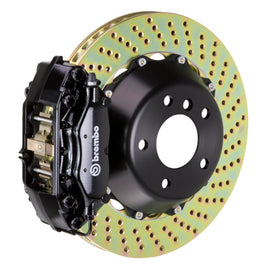 Black Brembo 22+ GT86 rear 4-piston cast brake rotor with drilled slots, 345x28mm, performance 2-piece brake kit.
