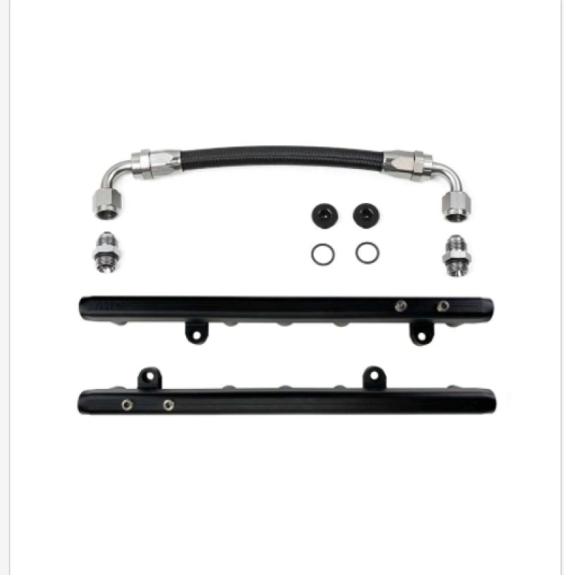 DeatschWerks Chevrolet LS2/LS3 fuel rails with crossover, metallic finish, detailed metal construction, designed for performance fuel delivery