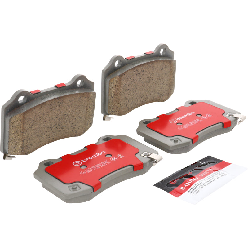 Brembo OE rear ceramic brake pads for 2007+ Cadillac CTS and 2009-2015 Chevrolet Camaro, shown in the image.