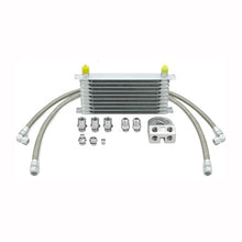 Load image into Gallery viewer, Mishimoto black thermostatic oil cooler kit for Subaru WRX/STi 2002-2005, includes hoses and mounting hardware for engine cooling.
