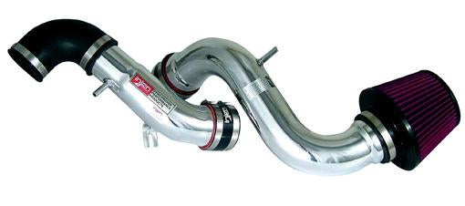 Injen polished dual short ram cold air intake with heat shields installed in a 2014 Infiniti Q50 3.7L V6 engine bay.